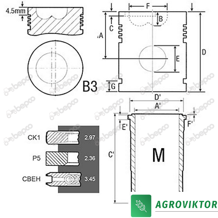 Поршнекомплект &Oslash; 106.50 MM двигуна JOHN DEERE 6359 3029 3164 3179 4239 4219 6059 4045 RE18697 RE21408 фото