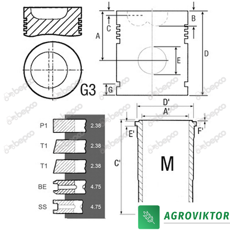 Поршнекомплект &Oslash; 87.312 MM двигуна трактора CASE INTERNATIONAL D148 D436 D438 D439 718201R96, 25/R148KS фото
