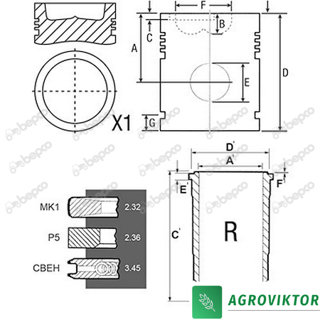 Поршнекомплект &Oslash; 106.50 MM 41 мм двигателя трактора JOHN DEERE 4045H PowerTech, 6068H PowerTech, 6068T 26/31-310 RE516227 фото