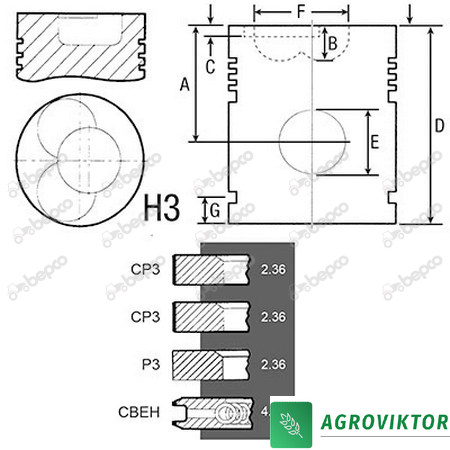 Поршень з кільцями Ø 107.721мм двигуна Ford 2704E 2711E 2712E 2714E 2715E 2724E 24/32-116 фото